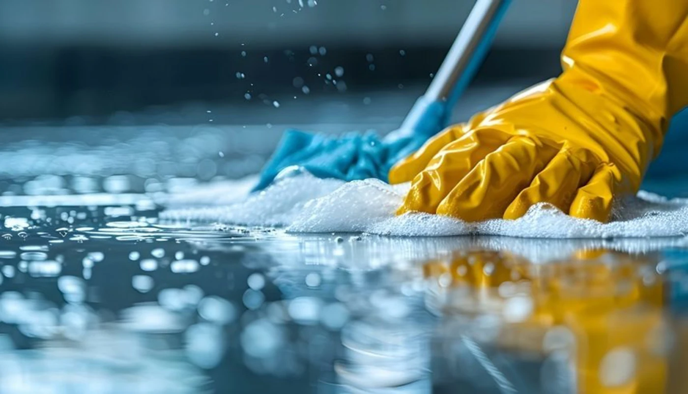 Gloved hand mopping a floor during cleaning